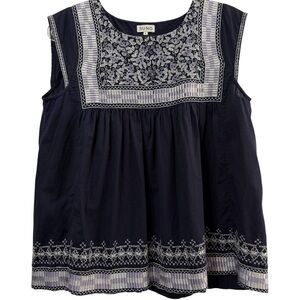 SUNO Floral Blouse Embroidered Navy Boho Babydoll Women's  Sleeveless Top Size 4